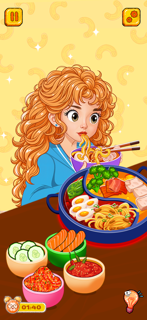 ASMR Master - Mukbang Eating - A cartoon girl eating noodles with a variety of colorful side dishes and a hot pot in a Mukbang game scene.