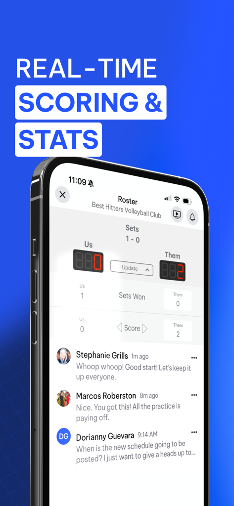 Smartphone screen showing real-time volleyball scores and team chat in the TeamLinkt app