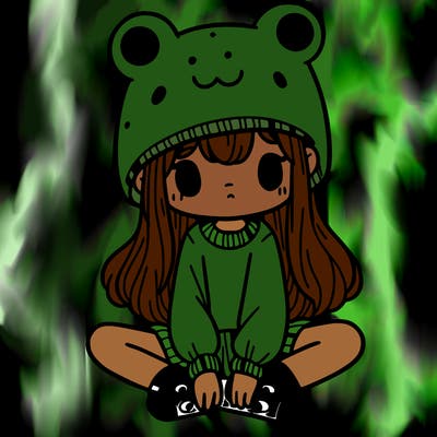 a girl wearing a frog hat and some frog socks
