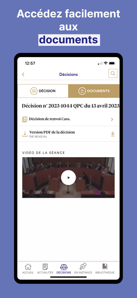 Conseil constitutionnel - Screenshot of the Conseil constitutionnel app displaying a legal decision with access to PDF documents and a video replay of the public hearing.