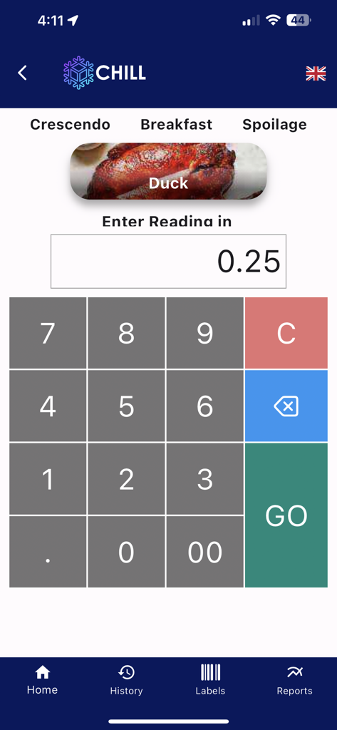 Chill app interface for recording food waste weight with a numeric keypad and waste category entry.