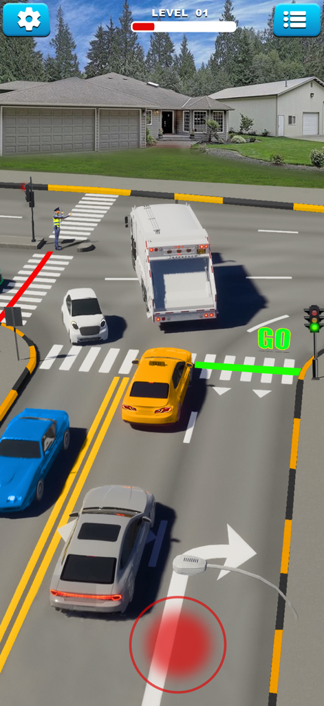3D gameplay of Highway Traffic Control Game managing vehicles at a suburban intersection