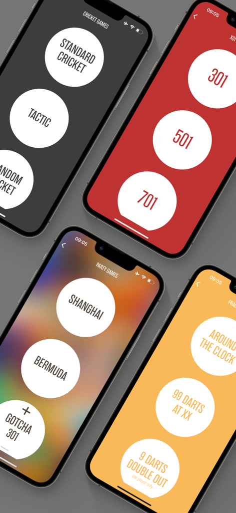Four smartphone screens showing various darts game modes in the Dartsmind app