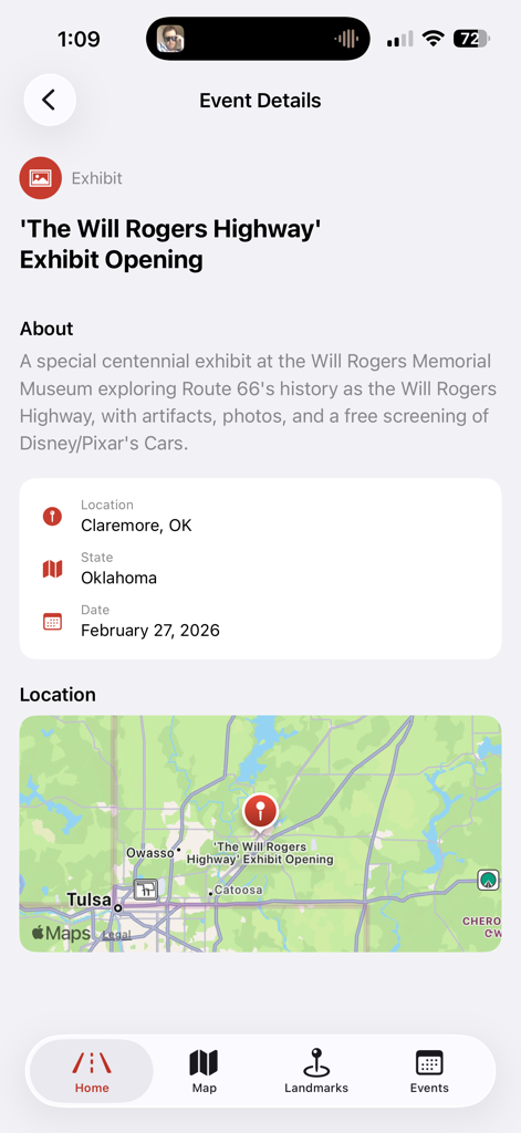 Route 66 100th Celebration - Route 66 100주년 기념 앱에서 오클라호마에서 열리는 The Will Rogers Highway Exhibit Opening에 대한 이벤트 세부 정보를 보여주는 앱 화면