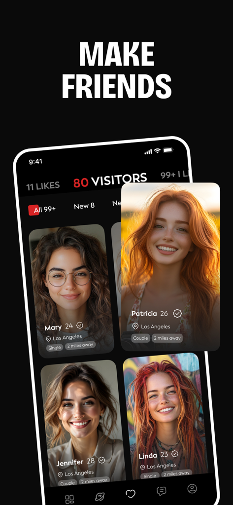 Mobile interface of the YOLO dating app showing a list of profile visitors with tags for single and couple status in Los Angeles