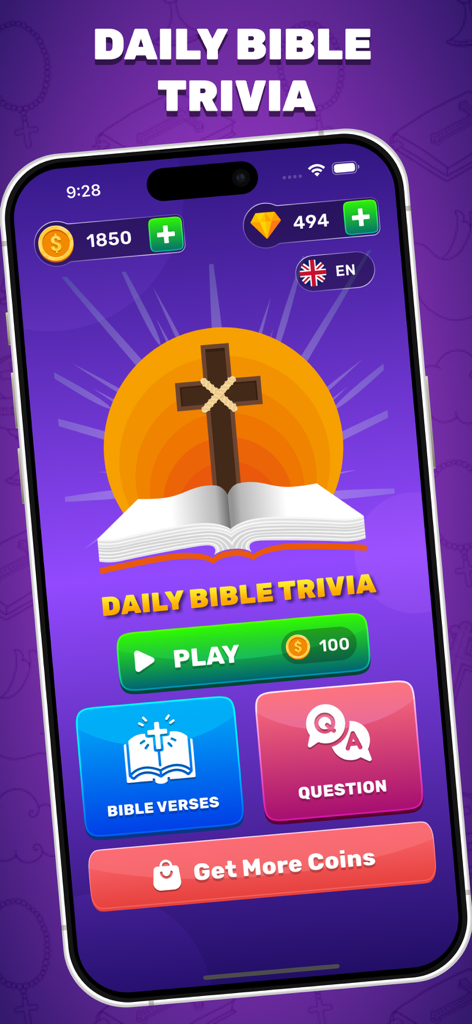Main menu of the Bible Quiz Trivia Game showing play options and spiritual theme