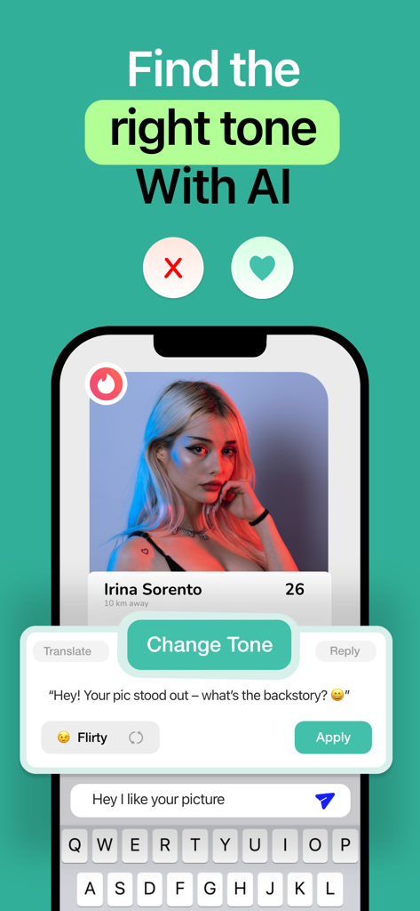 AI Keyboard - Orki - Orki AI Keyboard interface showing how to change message tone to flirty on a dating app