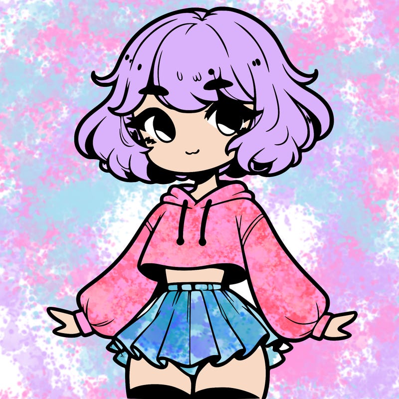 cute femboy with short, fluffy hair that softly frames their face, wearing a cropped hoodie, paired with a flouncy short skirt, and thigh-high stockings