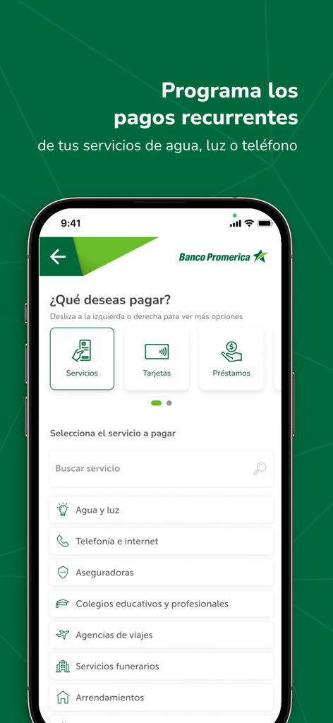 Banco Promerica Guatemala - Pantalla de la aplicación móvil de Banco Promerica Guatemala para programar pagos recurrentes de servicios públicos y otros servicios