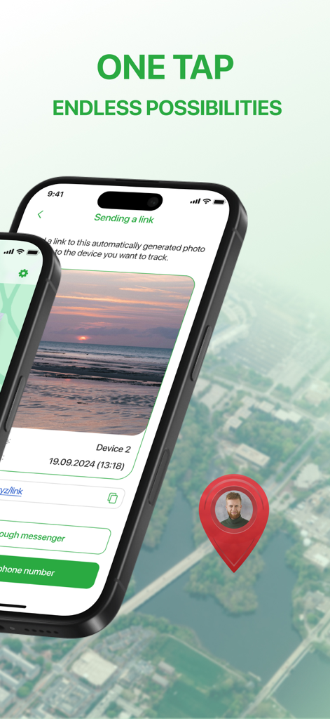 Tracker GPS Live app interface showing one tap location sharing