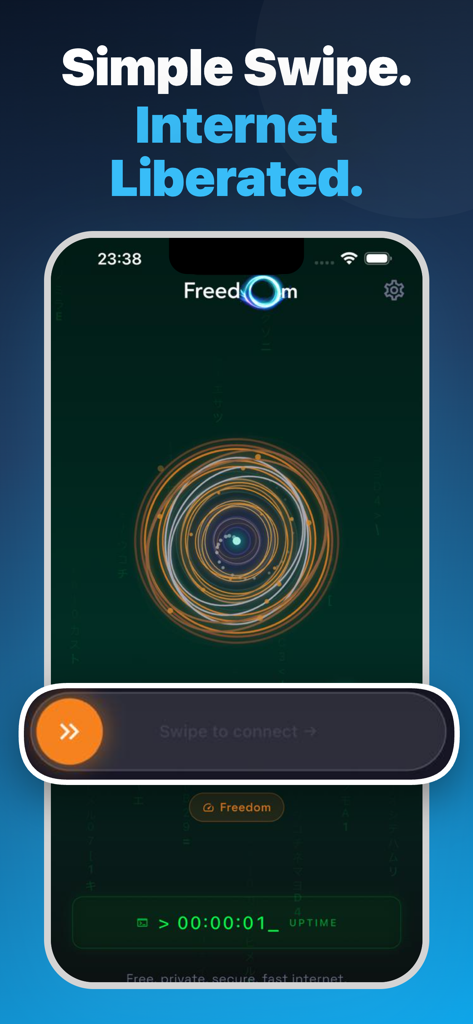 Freedom DNS - Fast & Secure - Interfaz de la aplicación Freedom DNS que muestra un botón simple de deslizar para conectar para un acceso a internet privado y seguro.