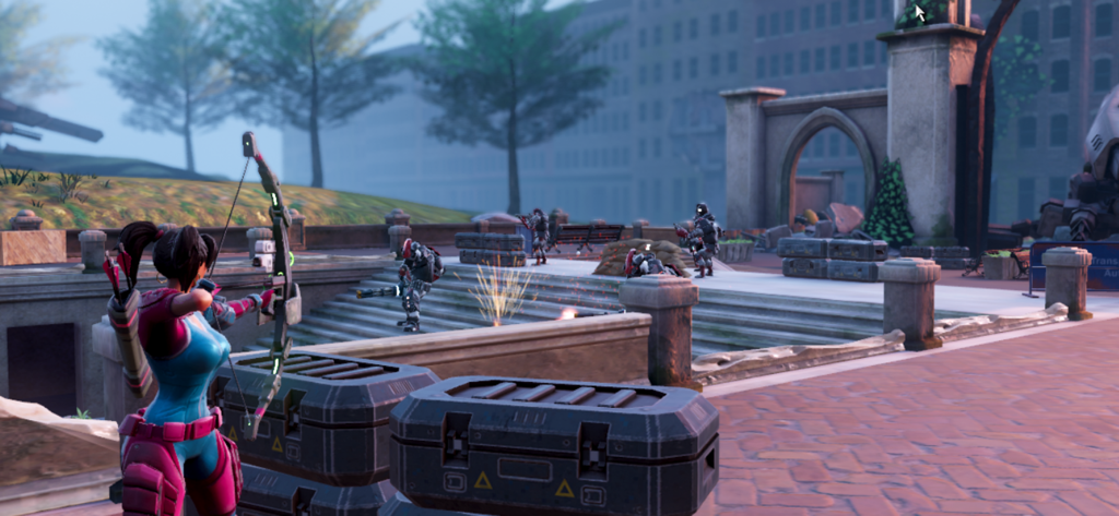 Hero Hunters - 3D Shooter wars - A female archer hero aiming a bow during a tactical battle in Hero Hunters 3D Shooter Wars