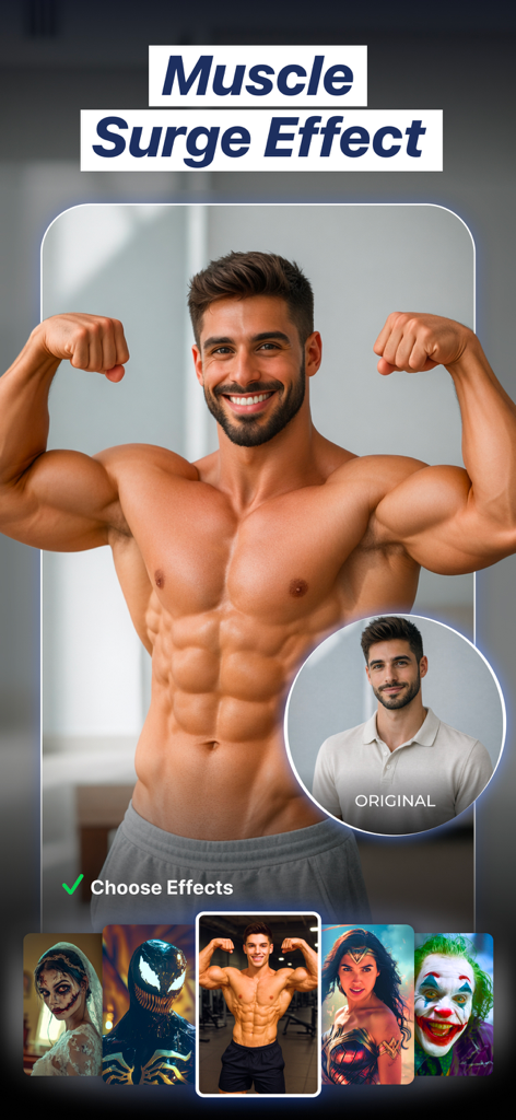 Photica (Pixly)・Photo Animator - A before and after comparison showing the Muscle Surge AI effect on a mans portrait in the Photica app