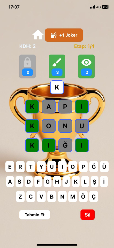 By Word - By Word mobile game interface showing a four-letter word puzzle over a golden trophy background with gameplay jokers and keyboard