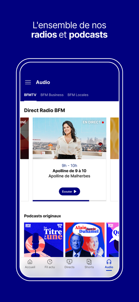 BFM : news, TV, radio en live - Interface de áudio da aplicação BFM a exibir rádio em direto e podcasts originais.