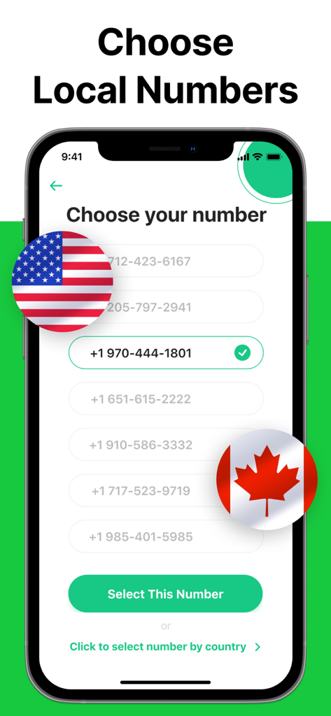 Second Number ® - App screen showing a list of available US and Canadian local phone numbers to select