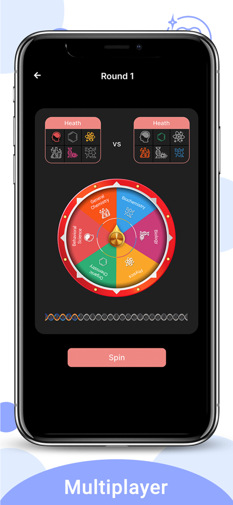 Mode multijoueur dans l'application DAT Roi de la courbe montrant une roue à lancer avec des catégories scientifiques pour un défi d'étude.