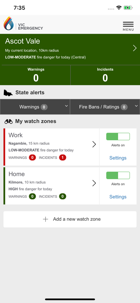 VicEmergency - VicEmergency app dashboard showing personalized watch zones for work and home locations with real-time fire danger ratings