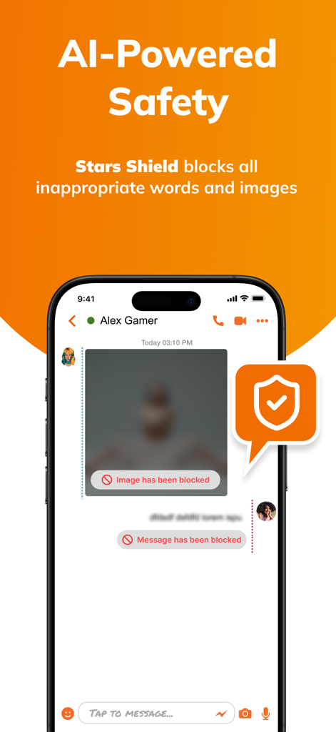 Stars Messenger app screen showing AI safety feature blocking inappropriate messages and images