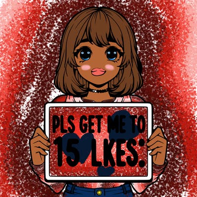 realistic girl holding up a sign that says “pls get me to 15 likes!”