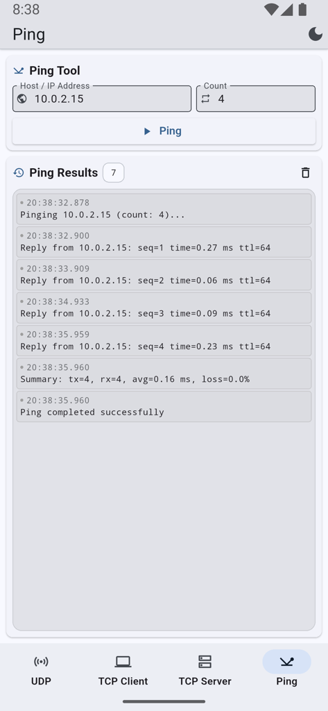 Ping tool interface showing network connectivity results and latency statistics