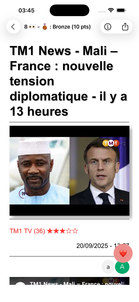 Un artículo de noticias en la aplicación Actu Mali informando sobre las tensiones diplomáticas entre Malí y Francia.