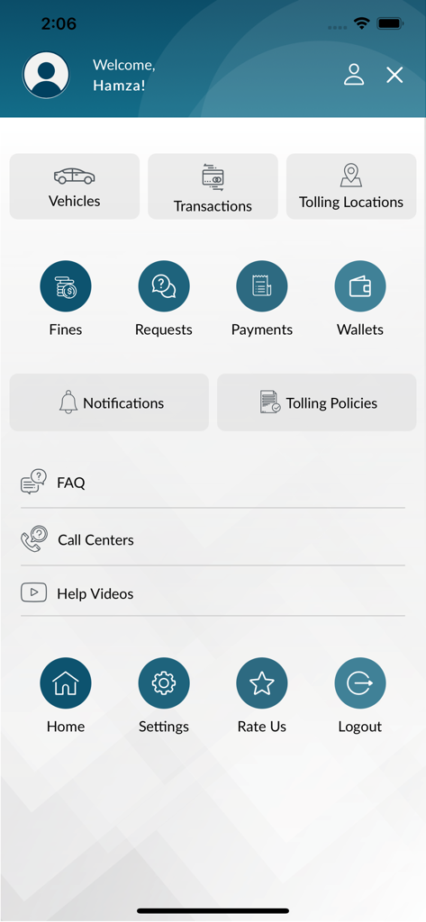 Main dashboard of the DARB app featuring menu options for vehicle management, tolls, and payments.