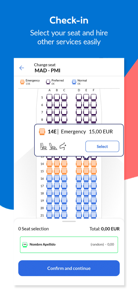 Pantalla de selección de asientos de la aplicación Air Europa durante el check-in que muestra el mapa de asientos del avión y los precios.