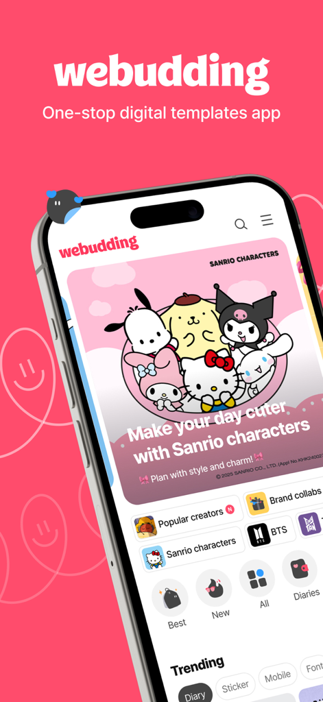 Webudding: Digital Templates - Smartphone screen displaying the Webudding digital templates app with a featured Sanrio characters banner