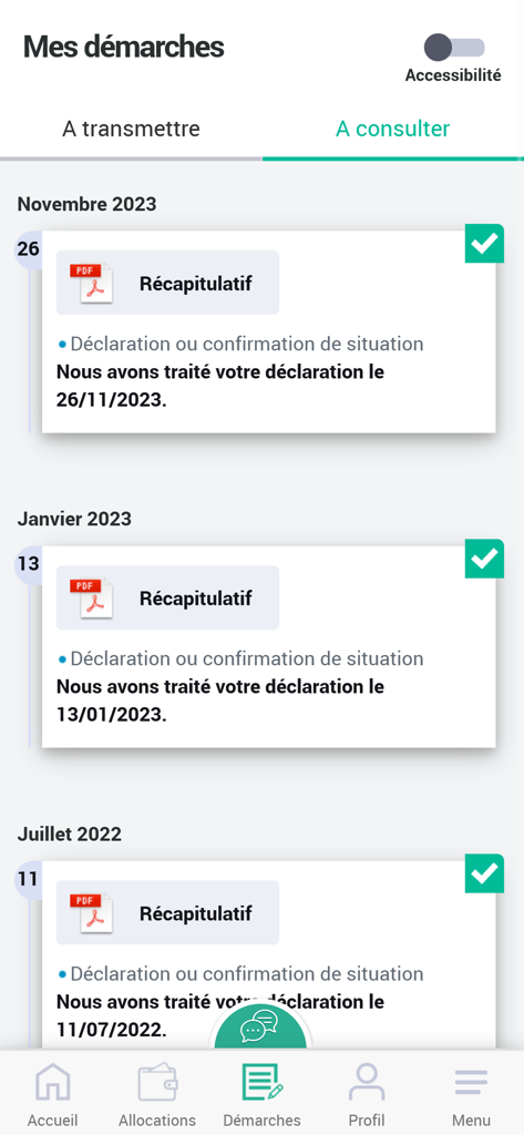 Interface de l'application Caf Mon Compte affichant l'historique des déclarations administratives traitées et les récapitulatifs des documents.
