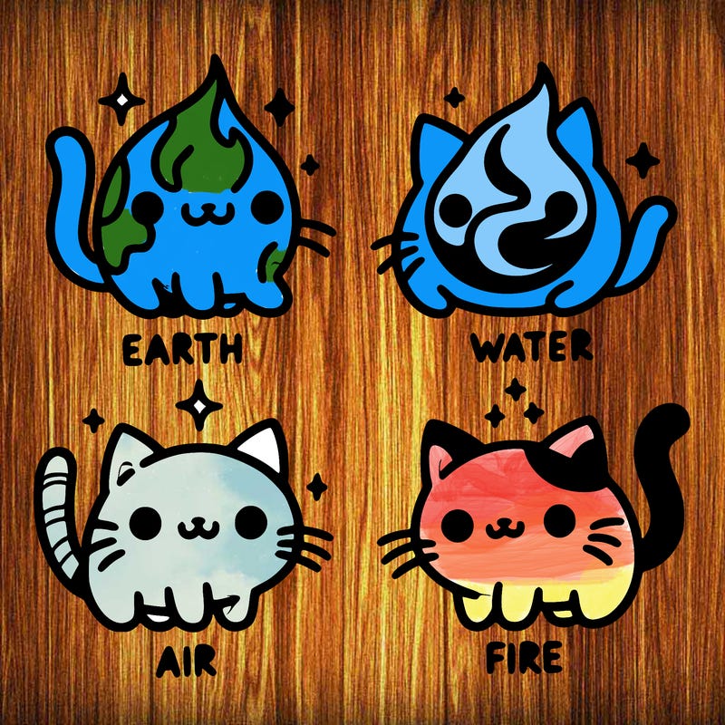 4 cats that represent the different elements, earth, water, air, and fire