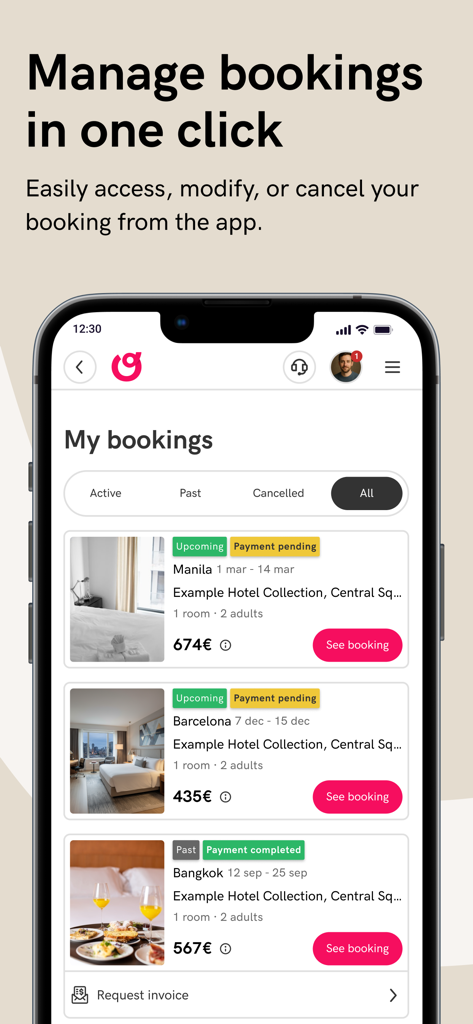 Écran de l'application Stayforlong pour la gestion des réservations d'hôtel avec des options pour afficher, modifier ou annuler des réservations.