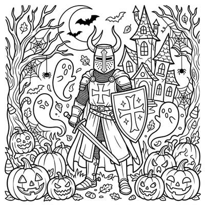 Unite history and fright with this unique Teutonic Knight Halloween coloring page. Immerse yourself in a world of armored knights, spooky ghosts, and grinning jack-o'-lanterns, ready for your creative touch.