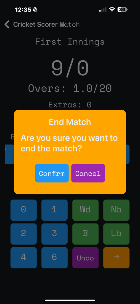 Gully Cricket Scorer - Ein Bestätigungsdialogfeld zum Beenden eines Cricket-Spiels innerhalb der Benutzeroberfläche der mobilen App Gully Cricket Scorer