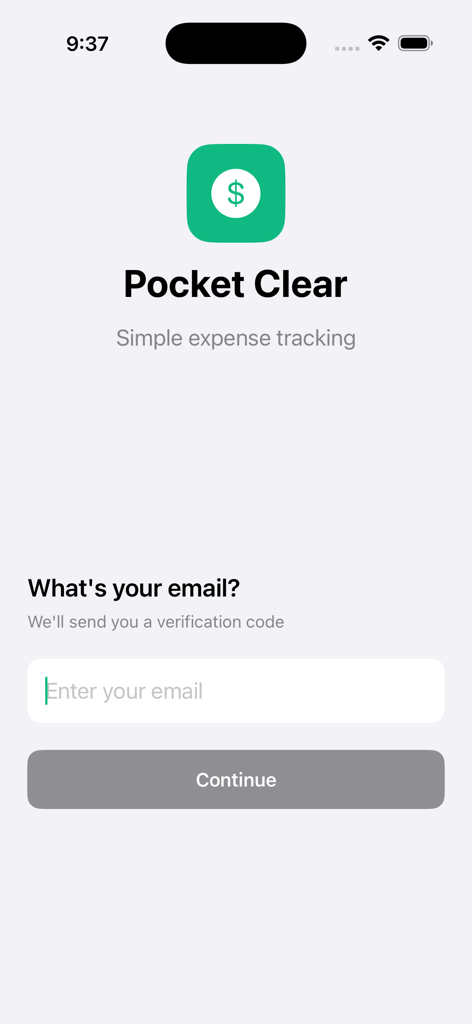Pocket Clear - Pocket Clear app onboarding screen with email input field and simple expense tracking tagline