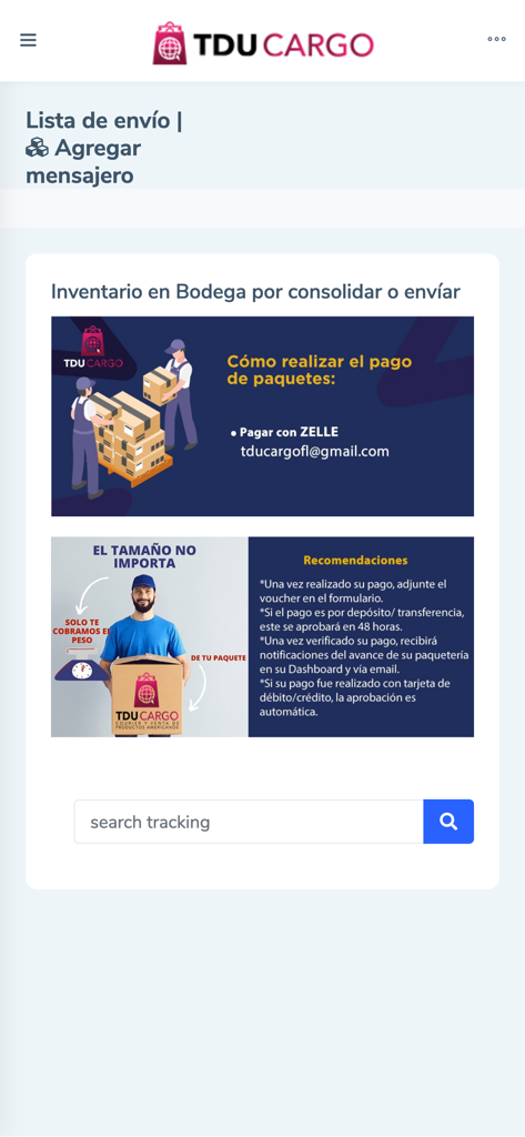 TDU Cargo - Interface of the TDU Cargo app showing shipment management options, payment instructions for Zelle, and a tracking search bar.