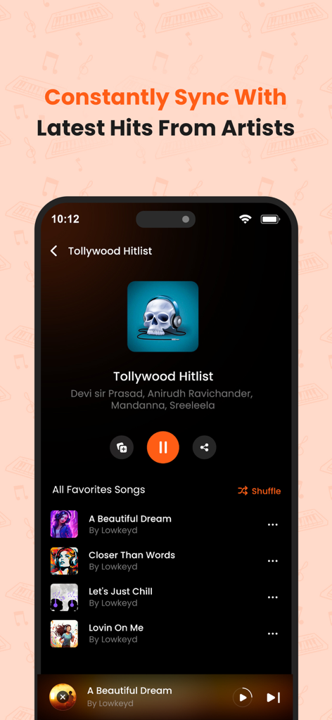 Una interfaz de aplicación móvil para un reproductor de música que muestra una lista de canciones favoritas y controles de reproducción