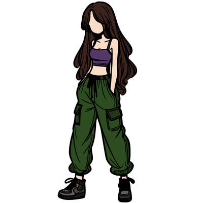 girl in baggy pants crop top and long hair