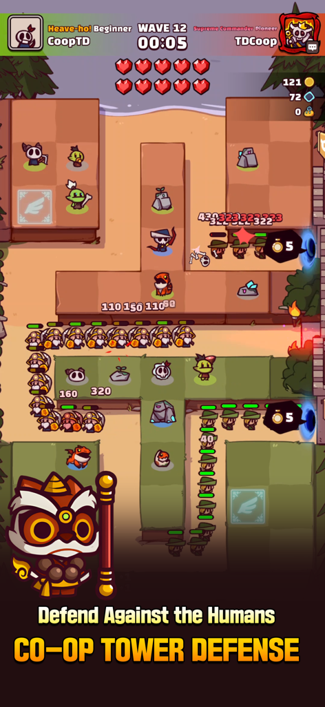 Coop TD - Coop TD-Gameplay, das Monster zeigt, die menschliche Gegner verteidigen