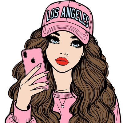 realistic beautiful girl wearing los ángeles cap holding an iphone