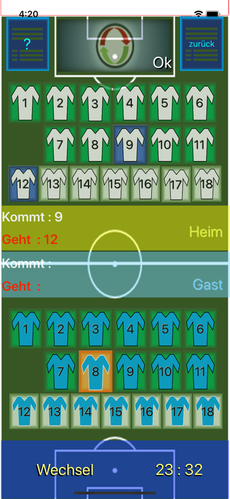 Schiri-App - A soccer referee app screen showing player substitutions for two teams with jersey icons and a timer