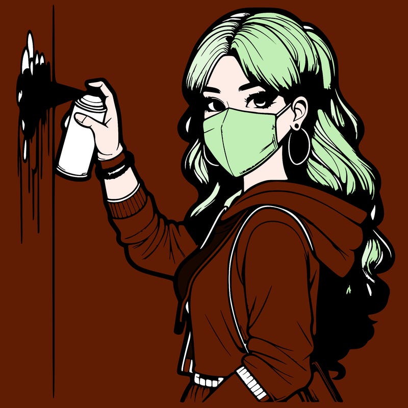 realistic girl with mask spray painting a wall