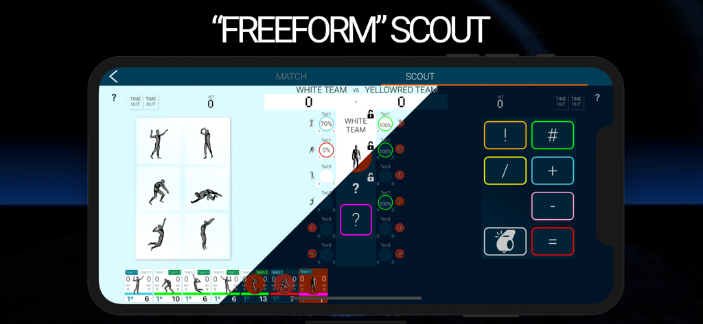 NS Volley Scout PRO - Interface of the NS Volley Scout PRO app showing the Freeform Scout feature for tracking volleyball match statistics and team data