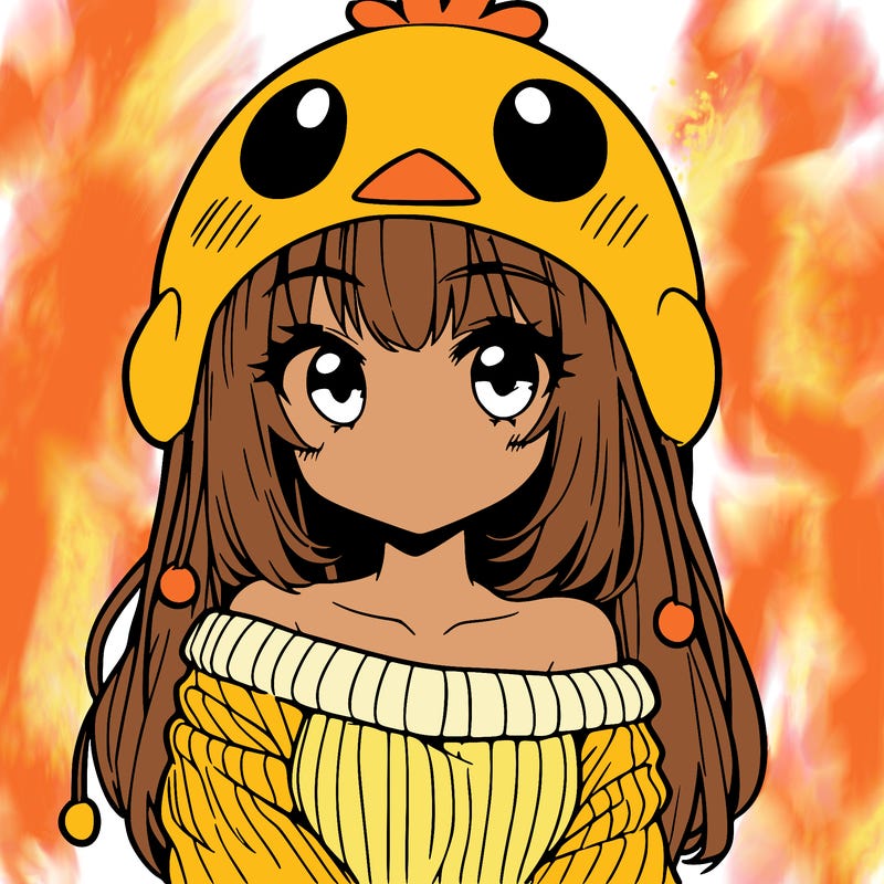 anime girl with chick shaped hat with sweater with bare shoulders with bangs covering them one eye with low tail