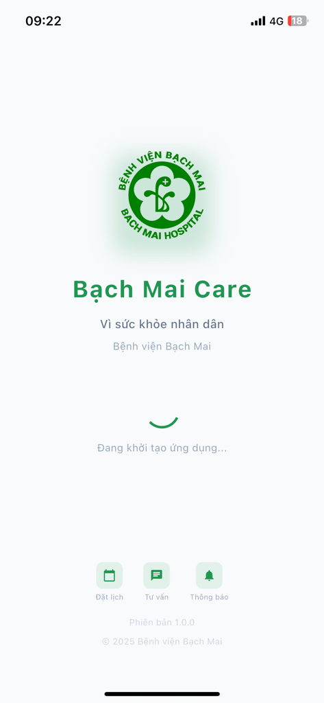 Bach Mai Care app loading screen featuring the hospital logo and health management icons