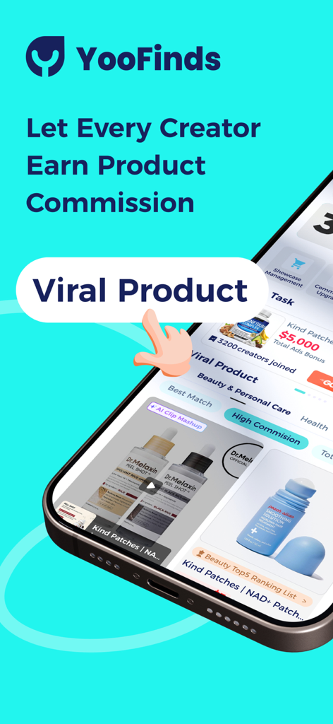 YooFinds - Interfaz de la aplicación YooFinds que muestra productos de belleza virales y oportunidades de comisión para creadores de redes sociales