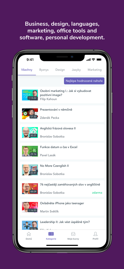 Seduo - A list of video courses in the Seduo app covering business marketing and languages