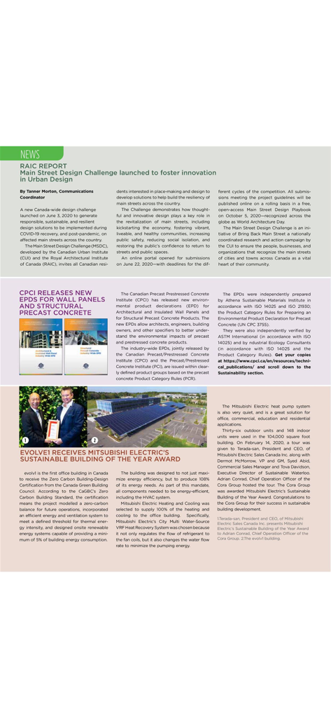 Sustainable Architecture. - A news page from Sustainable Architecture magazine featuring articles on urban design, precast concrete, and building awards.