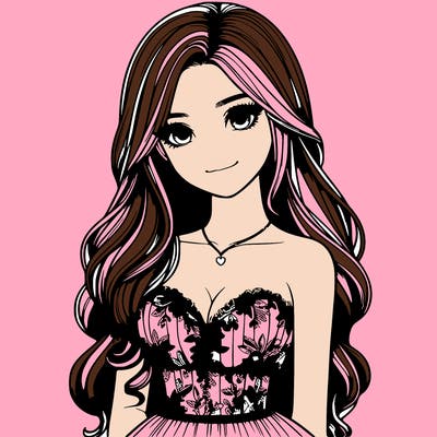 realistic girl with long hair and pretty prom dress