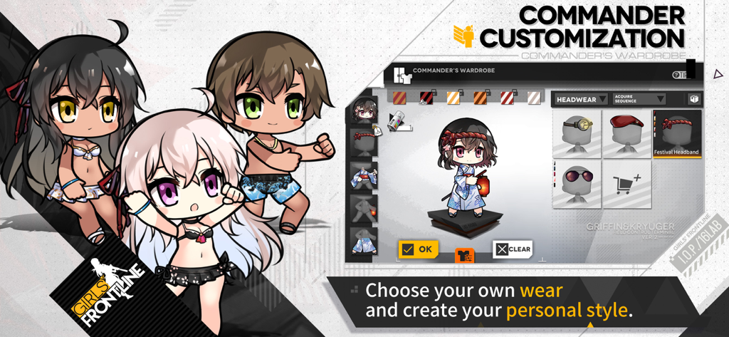 Interface de la Garde-Robe du Commandant dans Girls Frontline montrant des personnages chibi et des options de personnalisation de tenues